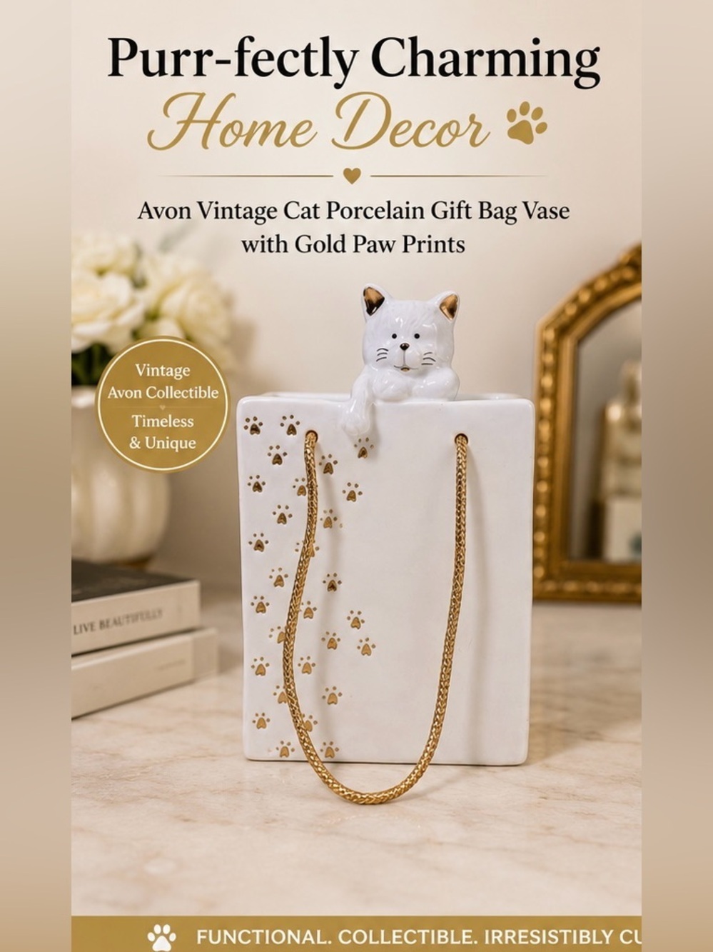 Cat Porcelain Gift Bag Vase Gold Paw Print Cat Decor Ceramic